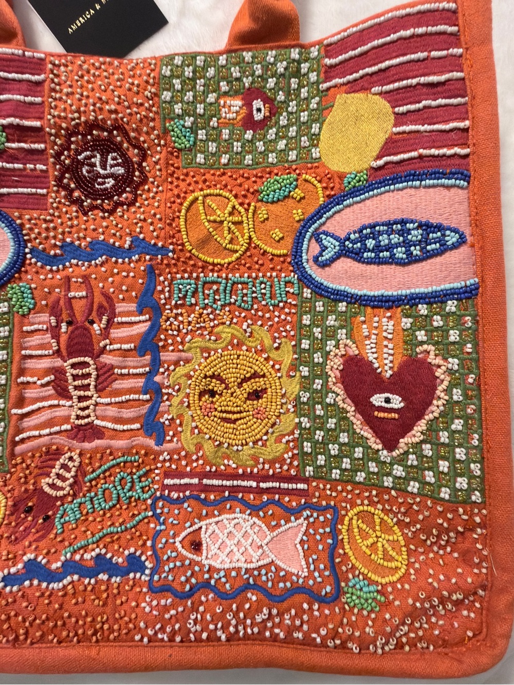 America & Beyond Orange Embroidered Patchwork Beaded Tote - Picture 4 of 6